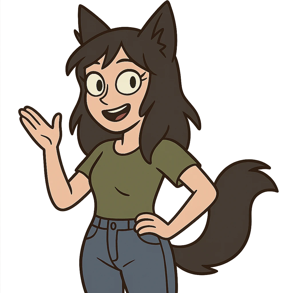 a girl with black fox ears and a tail, green eyes, dark hair emoji