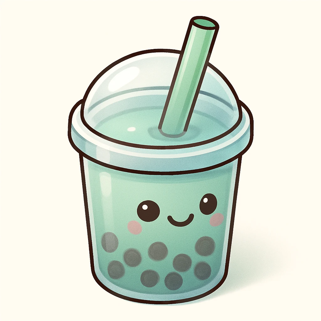 bubble tea cup with a rounded cute lid, blue cup, green drink inside, vector hand-drawn style, clear bold outlines, strong shadows and highlights, matte glass effect, kawaii face on cup emoji