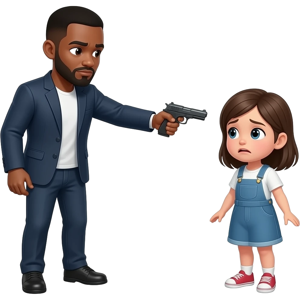 Black man pointing a gun at a small scared white girl emoji
