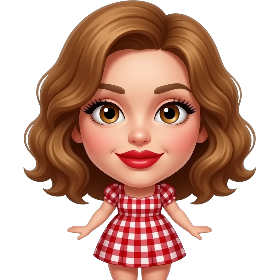 white, very beautiful woman, with big plump red lips, long long lashes, honey wavy short hair, hazel eyes. A look of seduction in her eyes. full body.  Wearing a red frilled gingham mini dress emoji