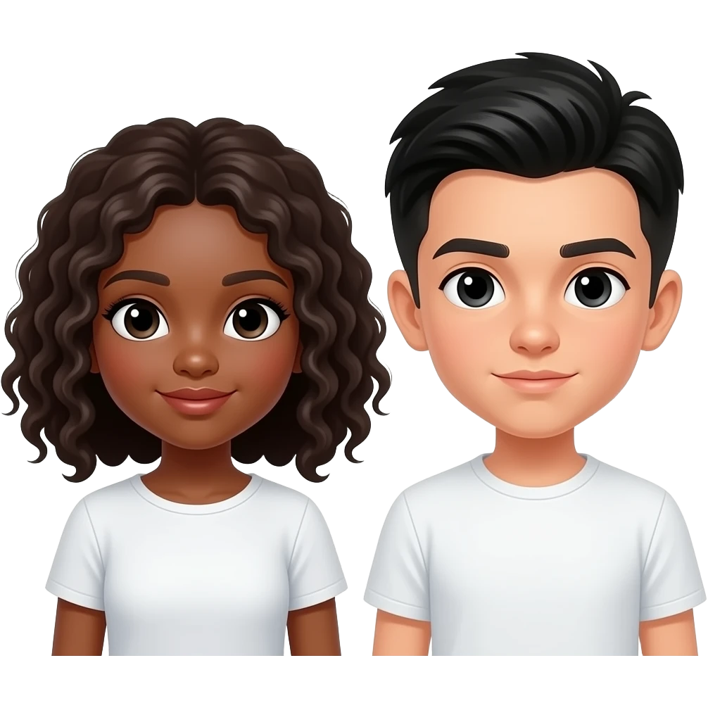 Menina moreninha do cabelo médio bem cacheado e menino branquinho do cabelo liso preto e olho preto emoji