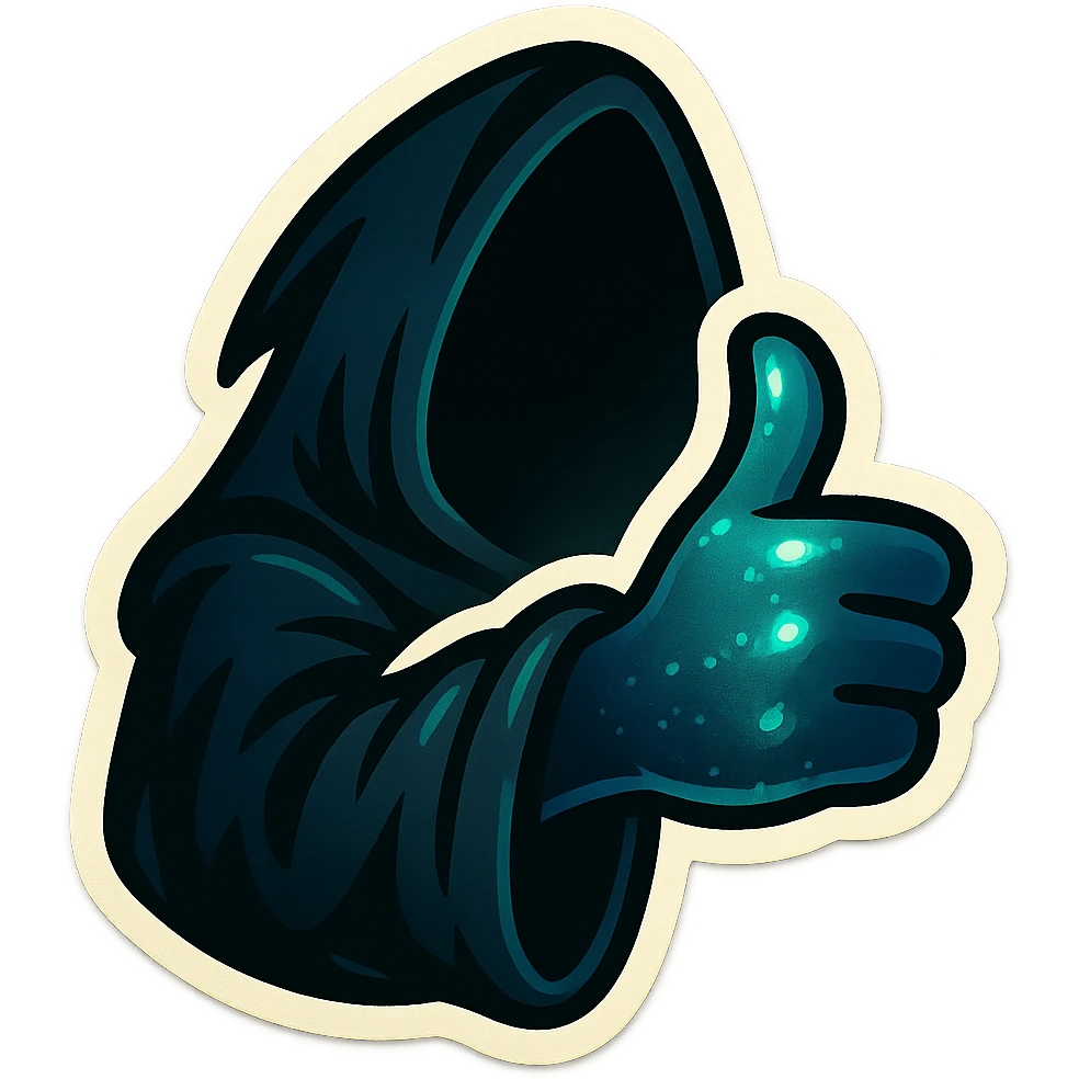 A shadowy hand emerging from a dark, mysterious cloak sleeve giving a thumbs up gesture. The hand is semi-gloved or ghost-like, with slight glowing accents or glitch particles. Stylized in cartoon form, high contrast, bold lines, emoji-sized, transparent background, designed for use as a YouTube membership emoji. emoji