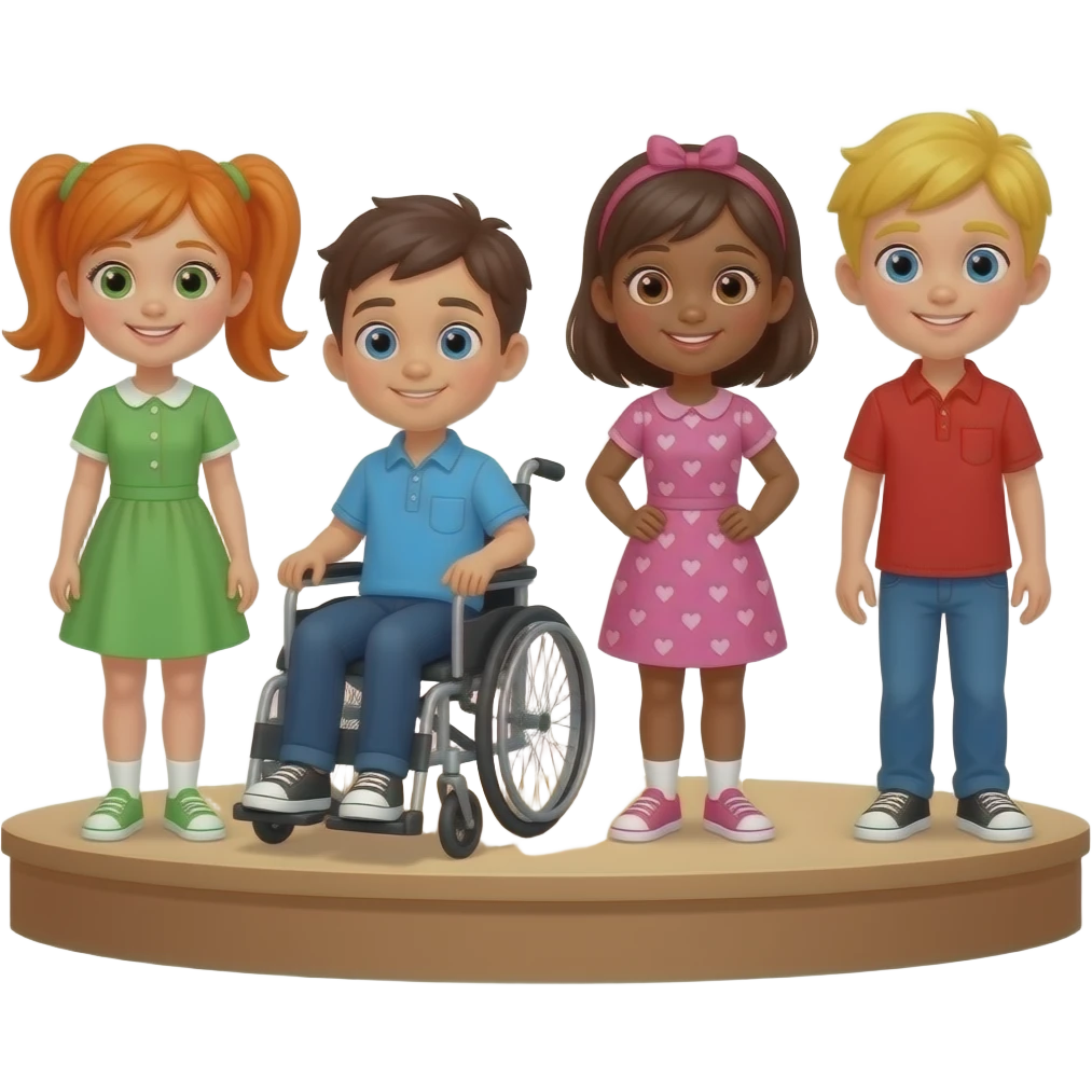 Head and shoulders (sing it) Girl with orange lower 2 ponytails and green dress boy with blue shirt and a wheelchair girl with sand skin pink bend heart dress boy with yellow hair with red shirt in a stage emoji