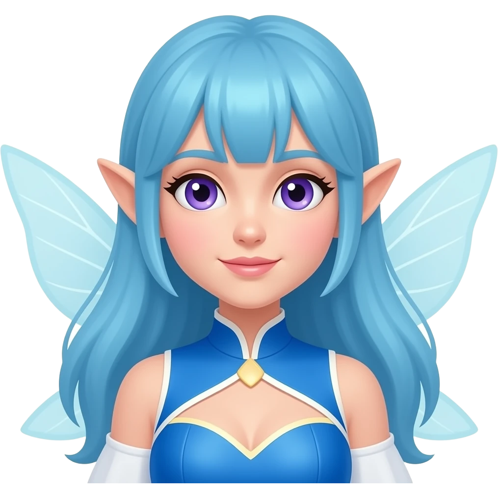 A female water fairy with blue hair violet eyes and wearing a blue outfit with white and cream yellow accents. emoji