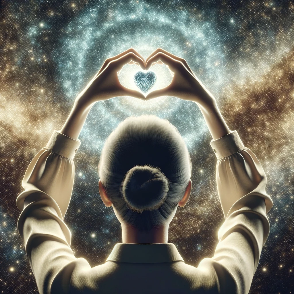 DONNA DI SPALLE CHE SI GUARDA ALLO SPECCHIO CREANDO UN CUORE CON LE MANI, iperrealistico 4k emoji