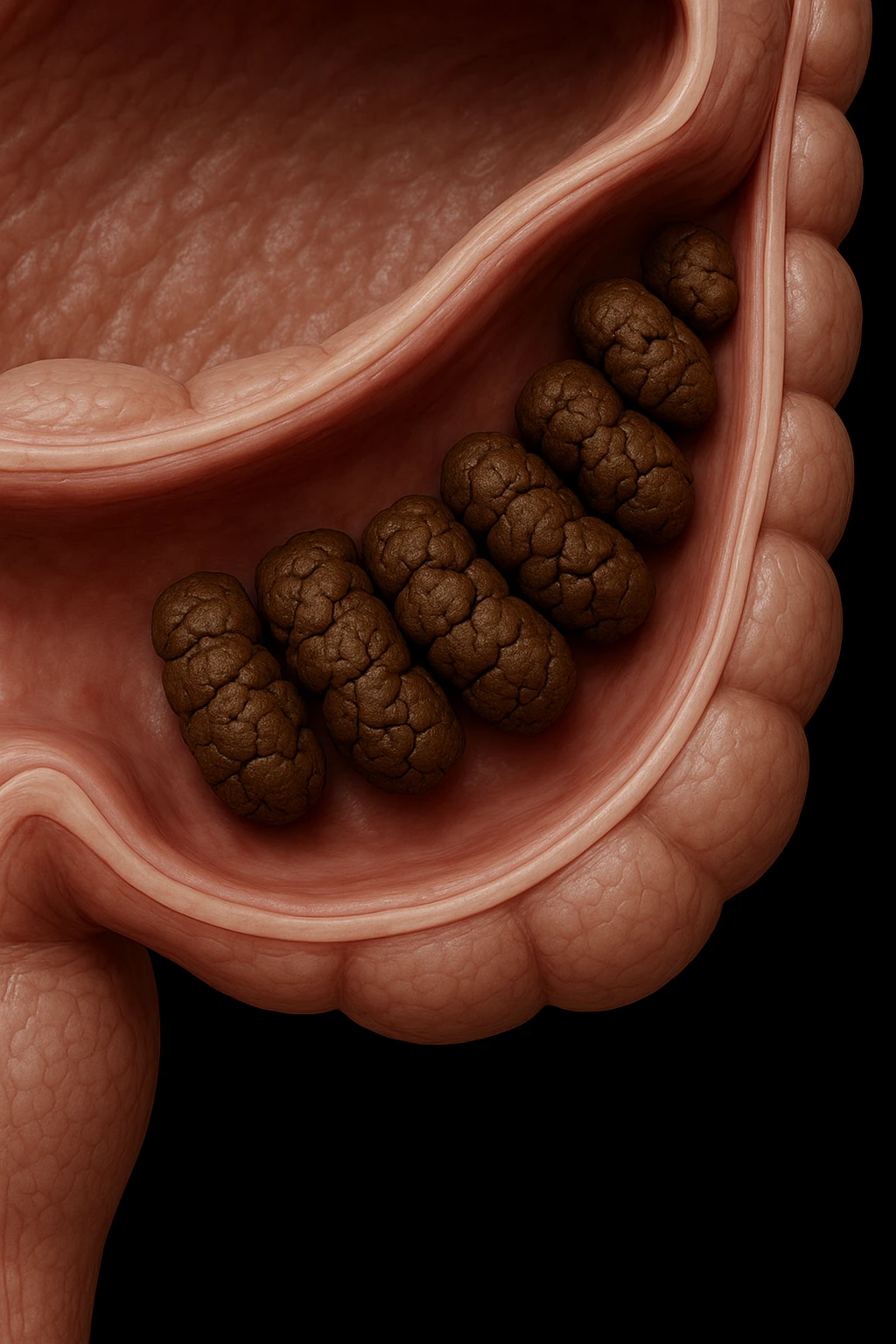 colon umano anatomico con feci a pallini all'interno, stipsi, iperrealistico 4k emoji