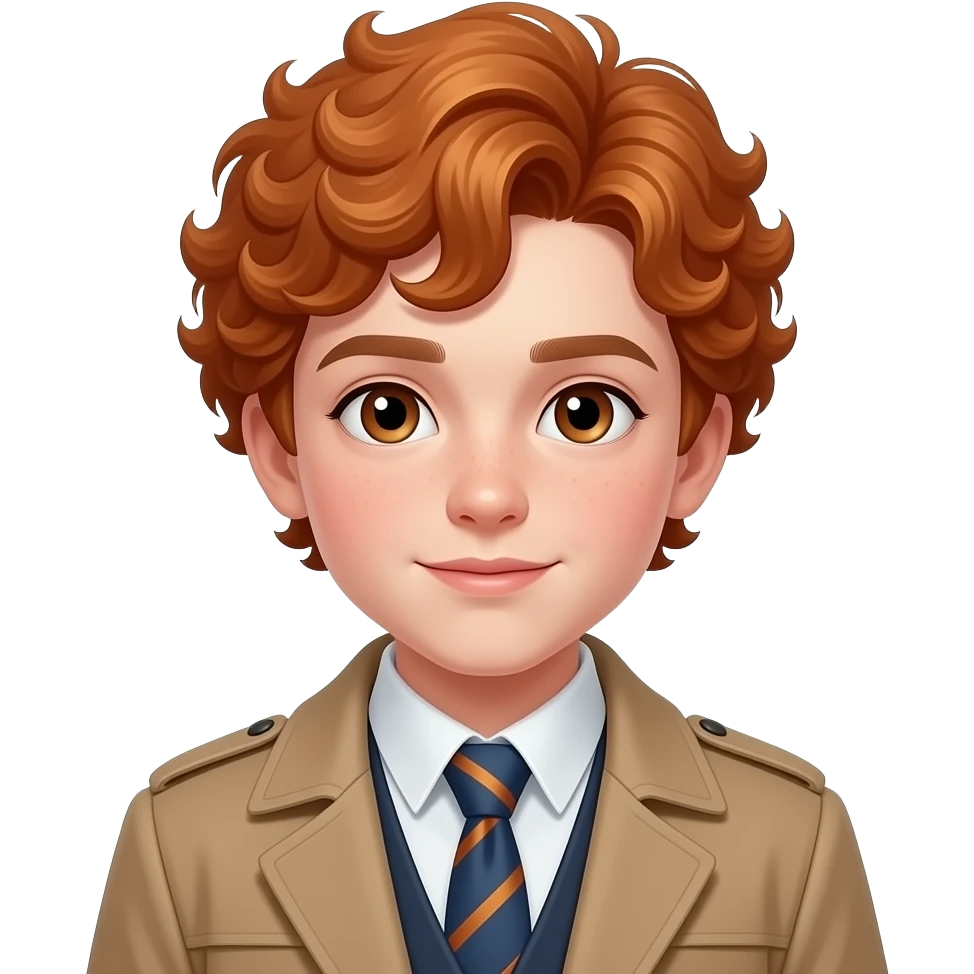 young boy with curly red hairs wear a coat with tie emoji