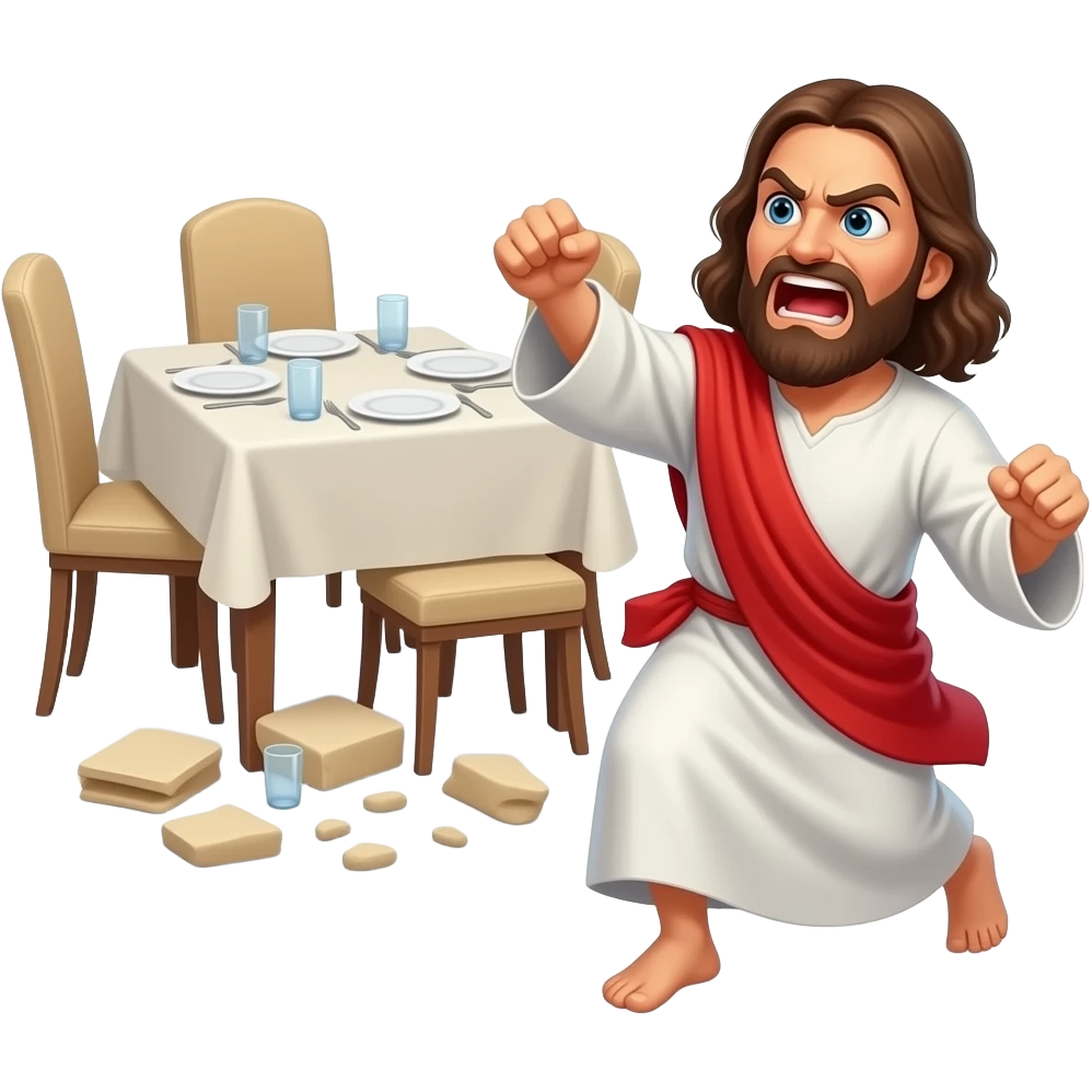 Jesus extremely mad throwing a dining room table emoji