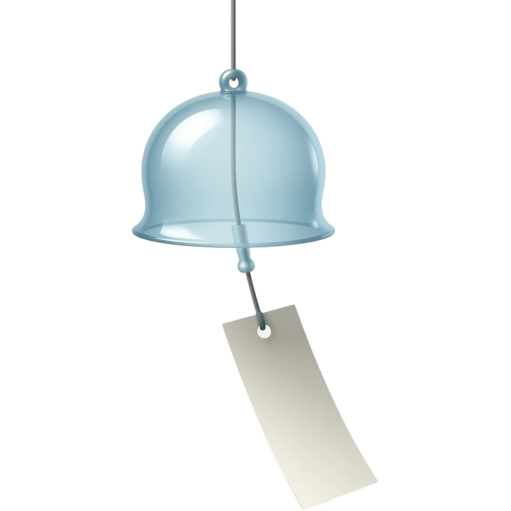 A delicate Japanese furin wind chime hangs gently in the air, suspended by a thin string. It features a single piece of paper attached below, swaying softly with every breeze. The subtle movement creates a sense of calm and quiet elegance, capturing the essence of minimalism and serenity. emoji