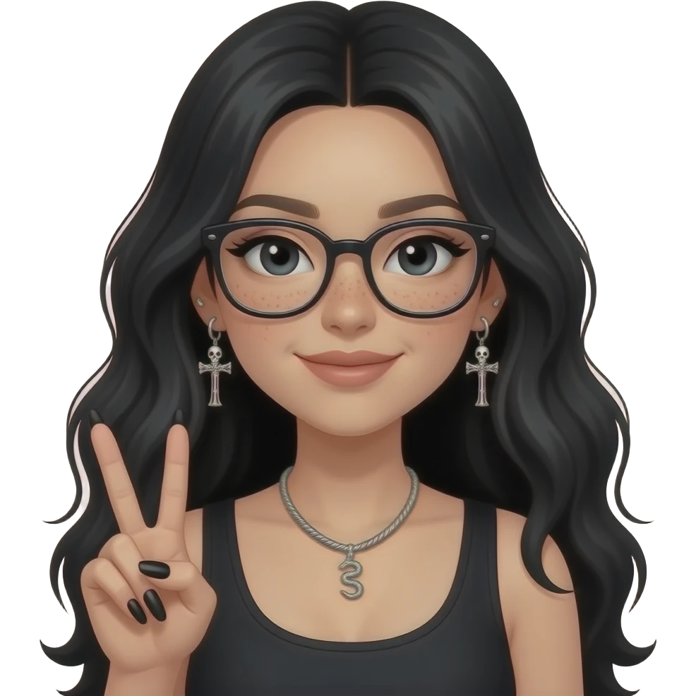 Girl in black, sitting (upper body), long voluminous hair, black eyes with light eyeliner, glasses, subtle freckles. Helix-to-lobe chain earrings with skeleton cross details, small silver snake necklace. Holding a peace sign, long black and silver nails with detailed designs emoji