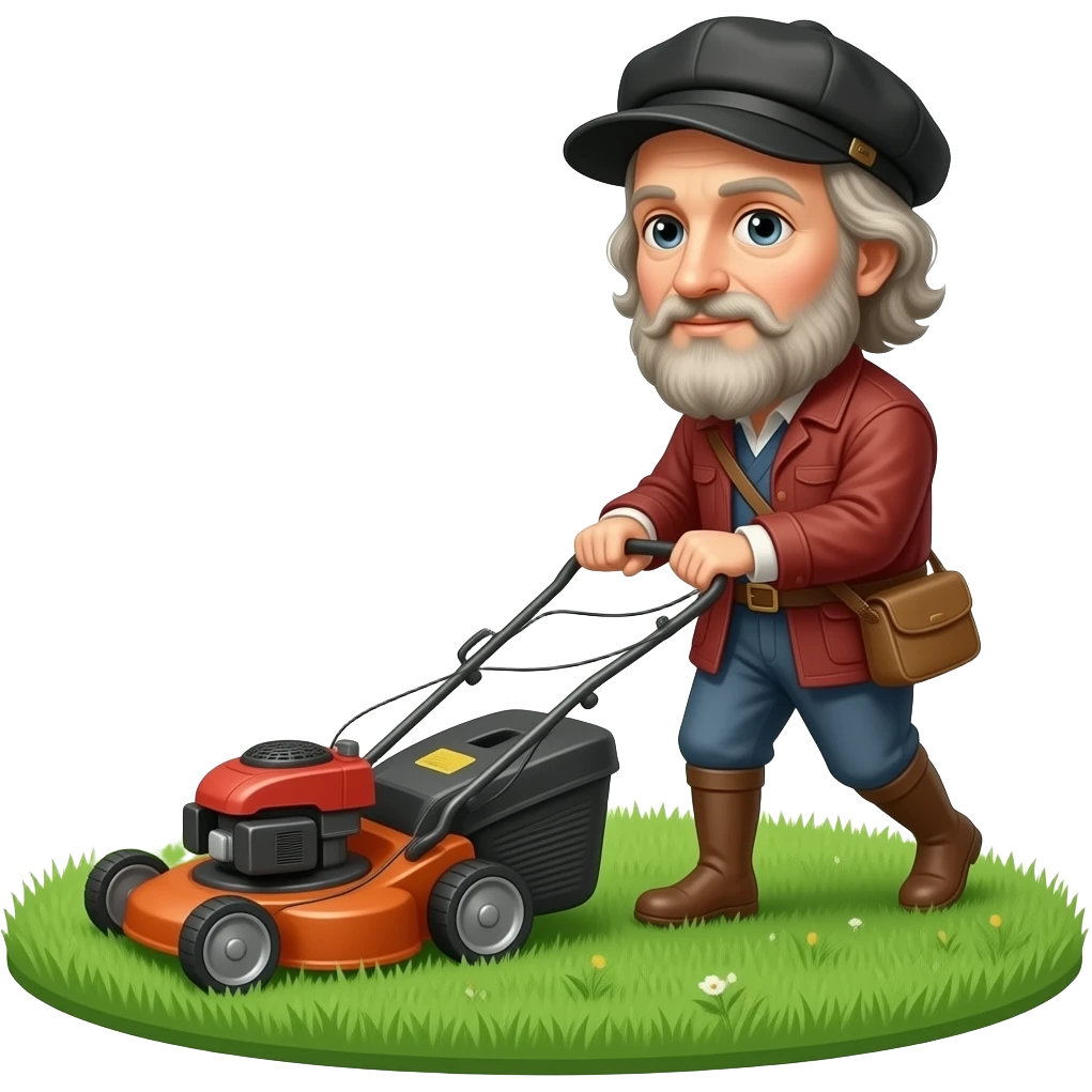 Leonardo da Vinci mowing the lawn with a lawn mower emoji