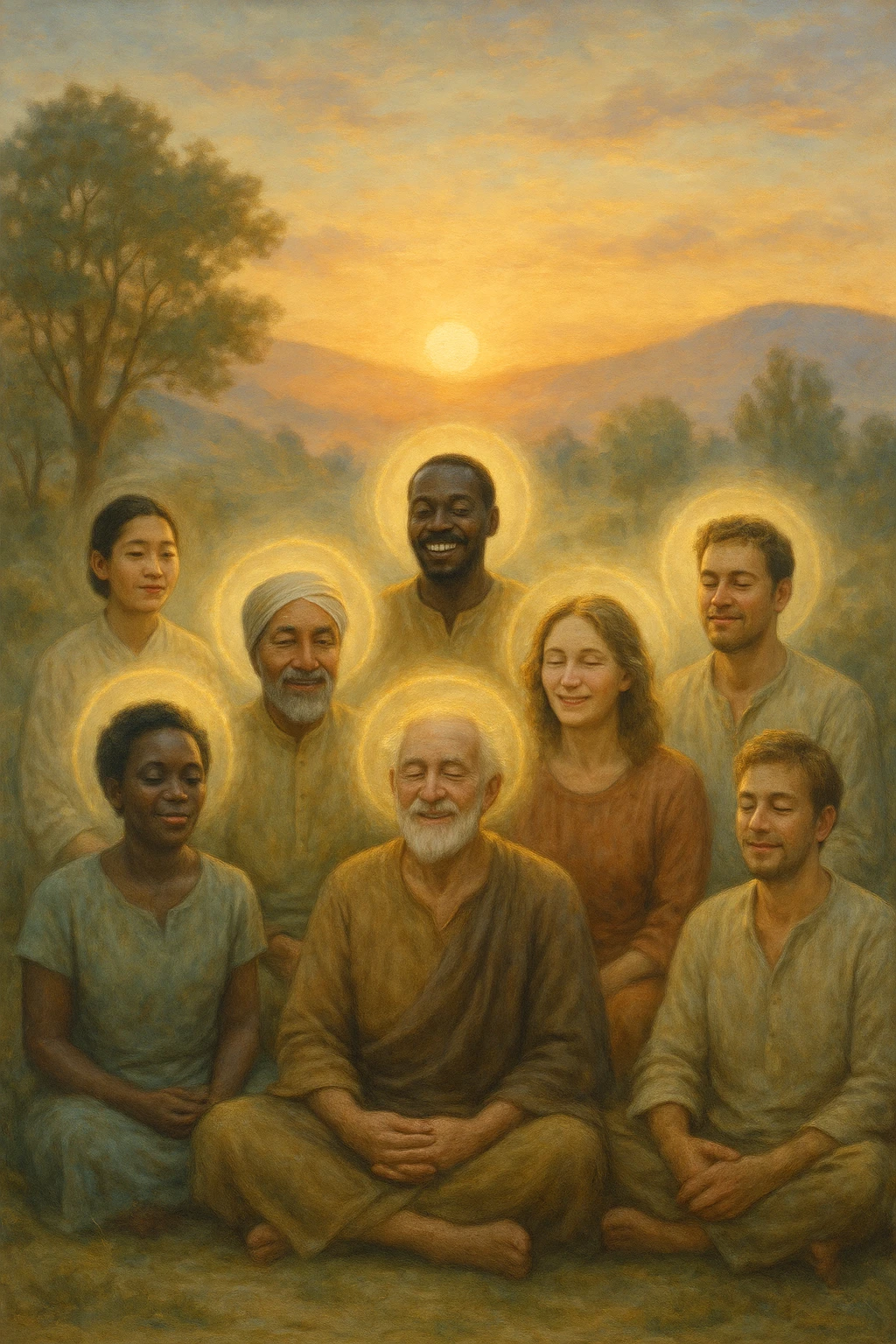 a diverse group of people of different ages and backgrounds sit together in a peaceful natural setting at sunrise, each with serene, joyful expressions. Subtle auras or soft light halos surround them, symbolizing spiritual awakening and inner harmony. The background features gentle hills, trees, and a glowing sky, evoking unity and connection. realistica italiano emoji