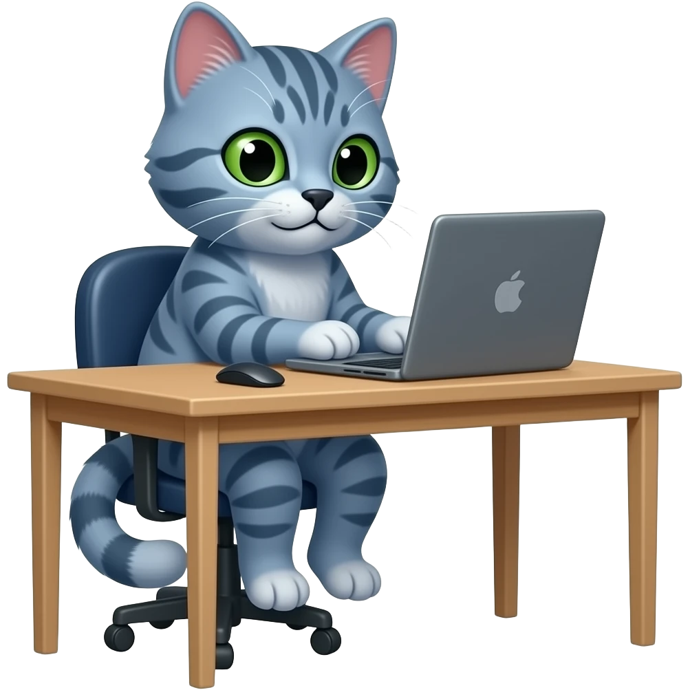 ((blue tortie cat short hair)) ((black paws nose)) ((green eyes)) working on computer emoji