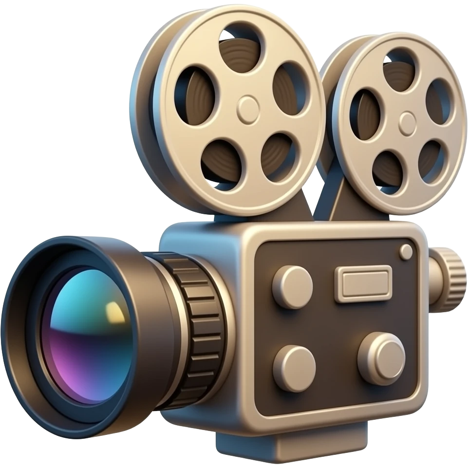 Glossy 3D rendered vintage movie film camera emoji, viewed entirely from the side like a silhouette, 90 degrees rotated, large cinematic lens pointing left, film reels visible from the side, warm friendly aesthetic, soft shading, white background emoji