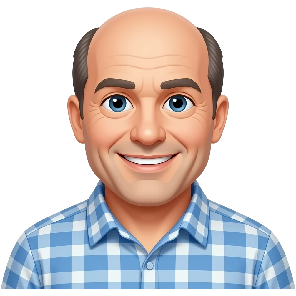 man in 50s bald on top, hair on sides, no facial hair, blue eyes, fat, smile emoji