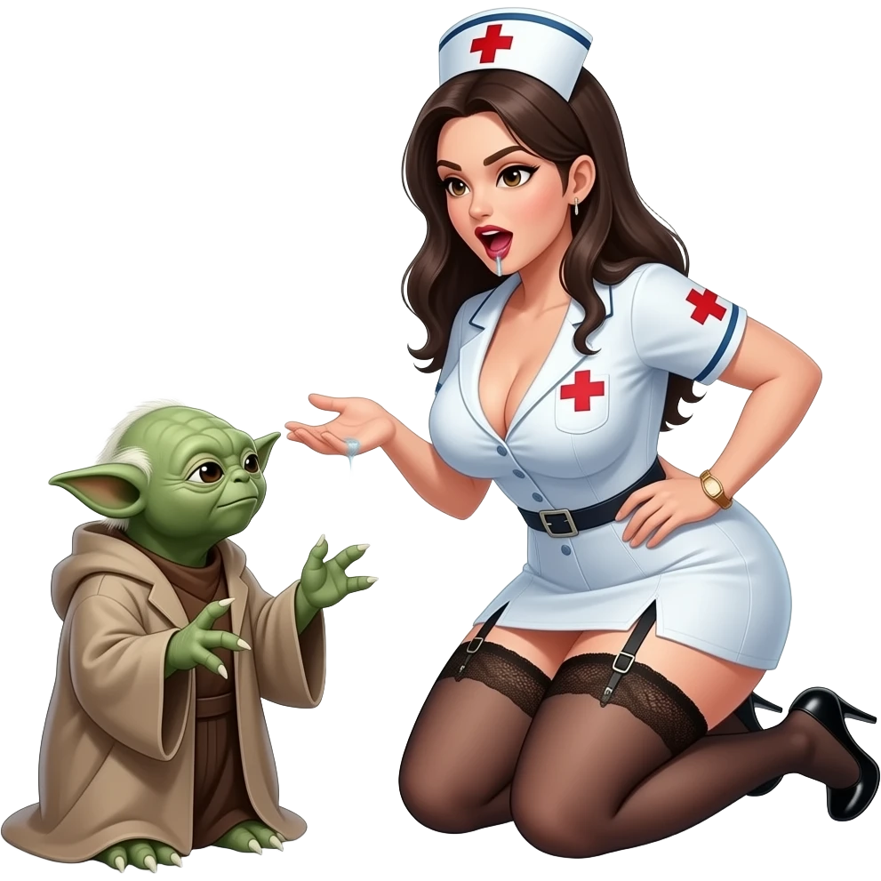 Yoda with a large breasted nurse, wearing garter belt, stiletto heels, kneeling and facing yoday, low cut cleavage, mouth wide open drooling emoji