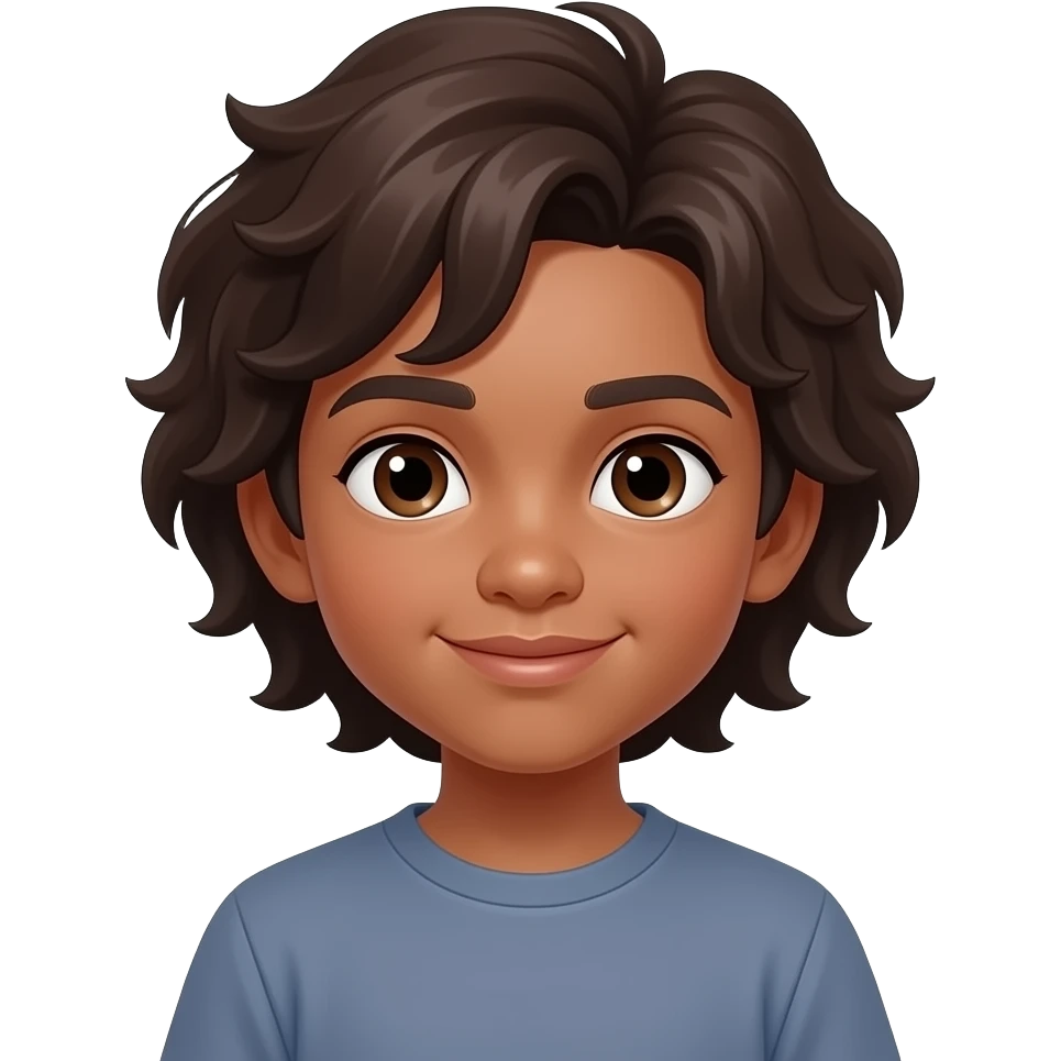 Niño pequeño moreno con pelo marrón oscuro por los hombros y ondulado y los ojos marrones emoji
