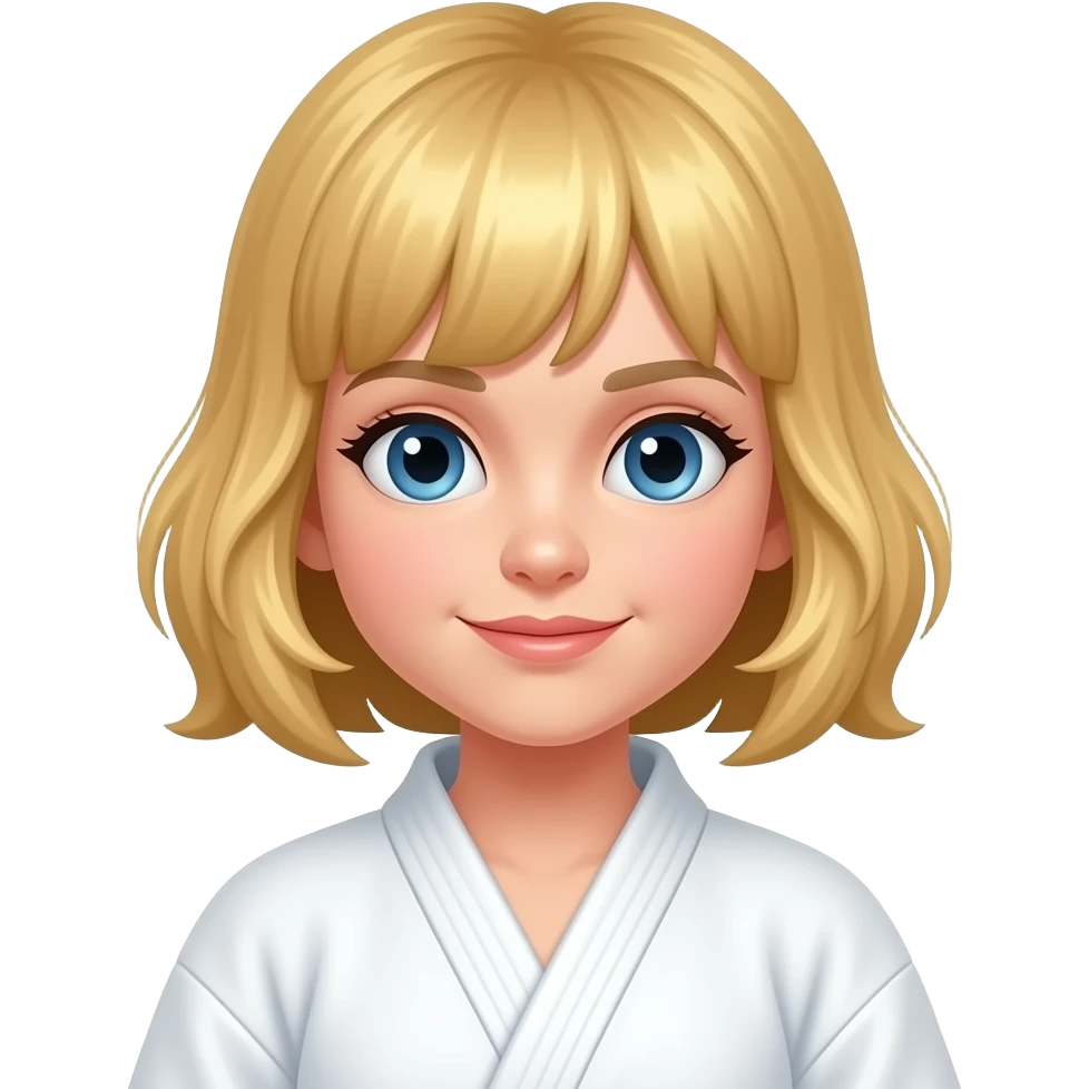 een meisje met veniciaans blond haar die redelijk klein is in een judopak emoji