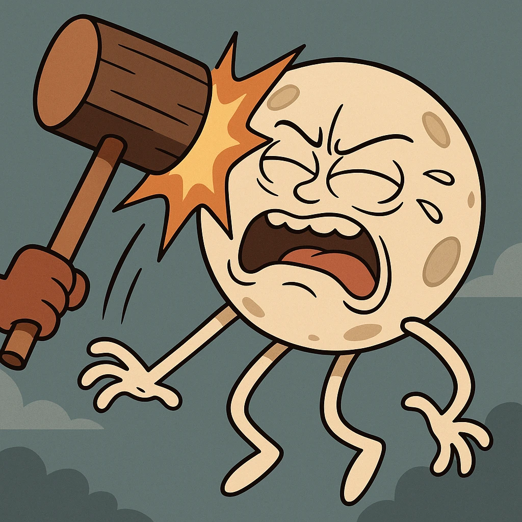 a full moon with a mallet bonking it, exaggerated impact, cartoon style emoji