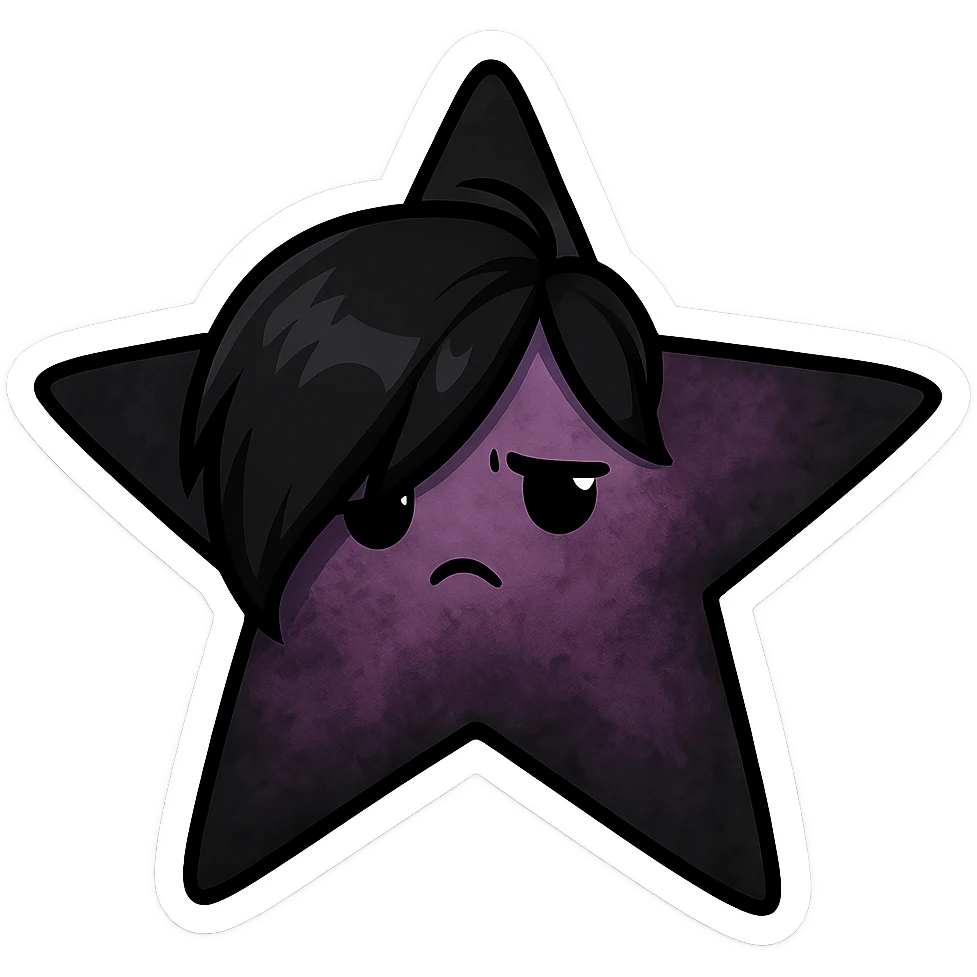 Edit the emo-style star with black and purple colors, moody atmosphere, remove background and keep it transparent in chibi stickers style. emoji