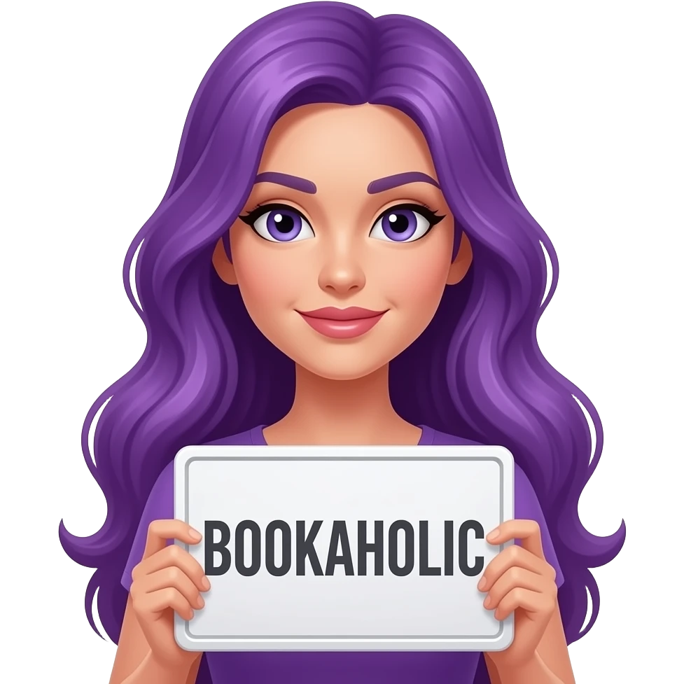 sexy girl with long purple hair holding a BOOKAHOLIC sign emoji