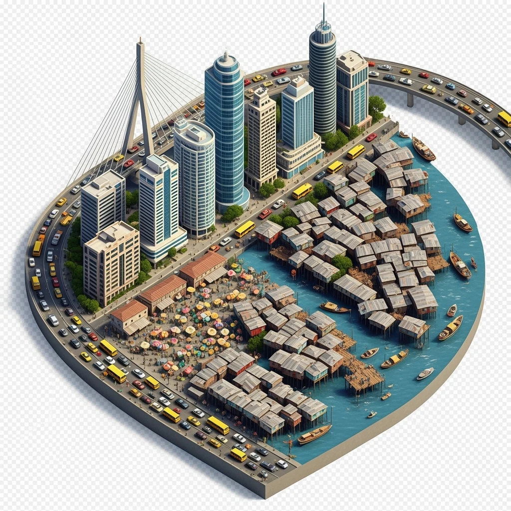 Isometric miniature of Lagos Lekki-Ikoyi Bridge, Eko Atlantic skyscrapers, Makoko slums, tin-roof shacks, chaotic markets, gridlocked traffic, 3D miniature effect and Tilt Shift effect, no cartoonish look, transparent background, don't cut angles emoji