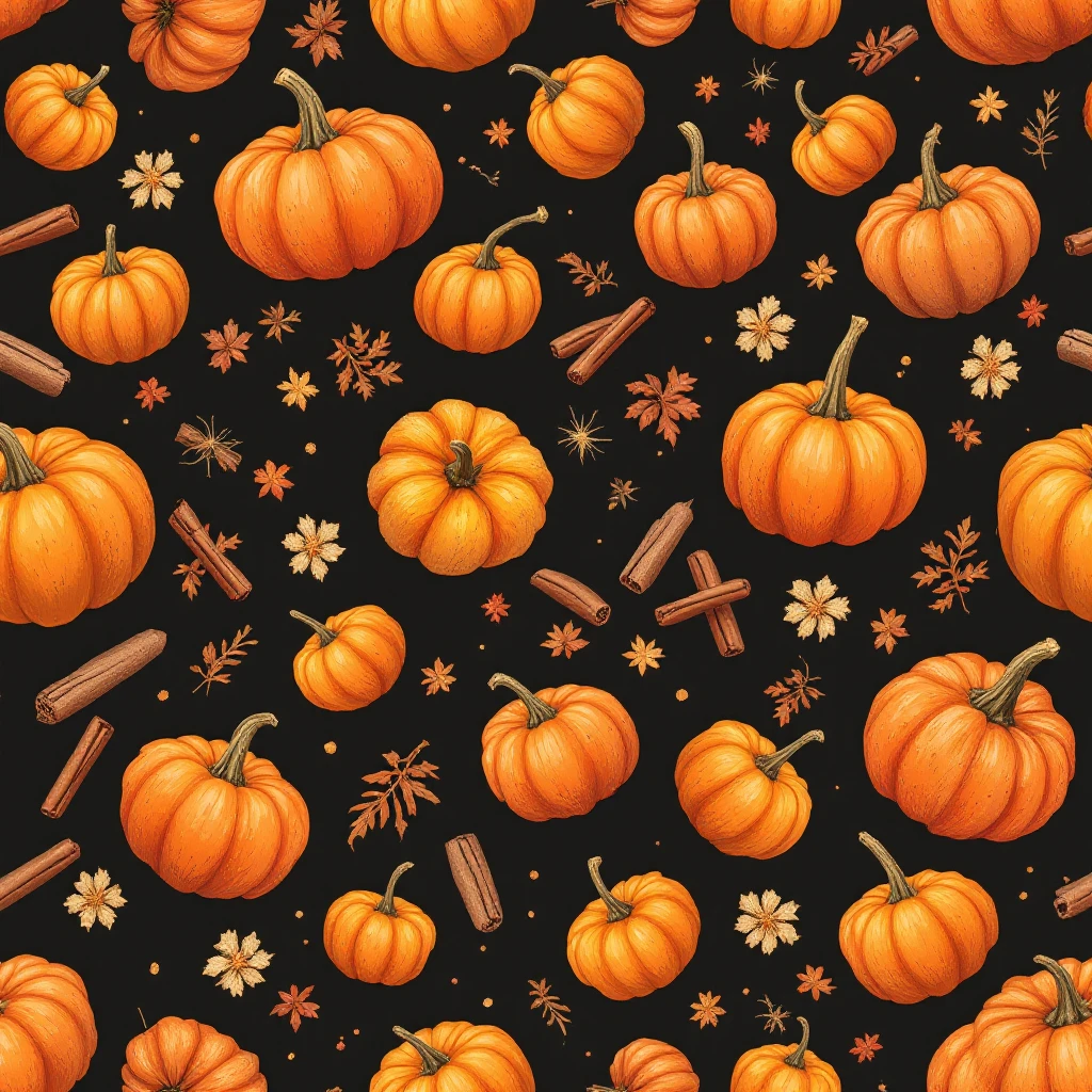 seamless pattern of pumpkins and pumpkin spice, warm orange and cinnamon tones, cozy autumn vibes, soft texture, vector style, high resolution emoji