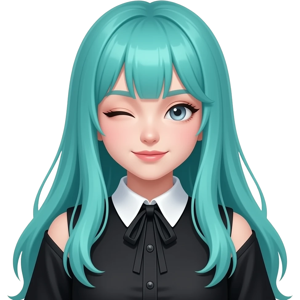 girl, winking, long flowing teal hair, grey eyes, black shoulder cyberpunk blouse with fancy white collar emoji