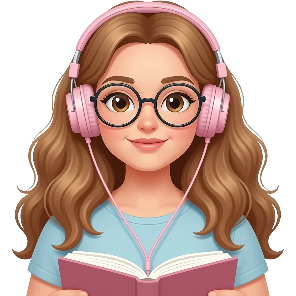 detailed emoji illustration of a curvy woman with long light brown wavy hair, light brown eyes and round glasses reading a book while wearing headphones pastel pink without any cable, calm focused vibe, cute emoji style emoji