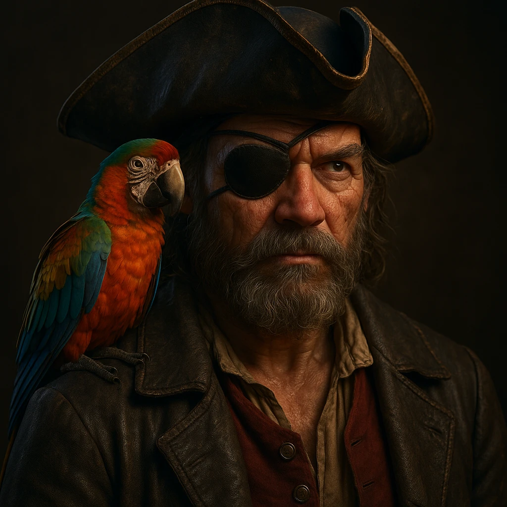 3d digital art of a pirate with eye patch and parrot in emoji