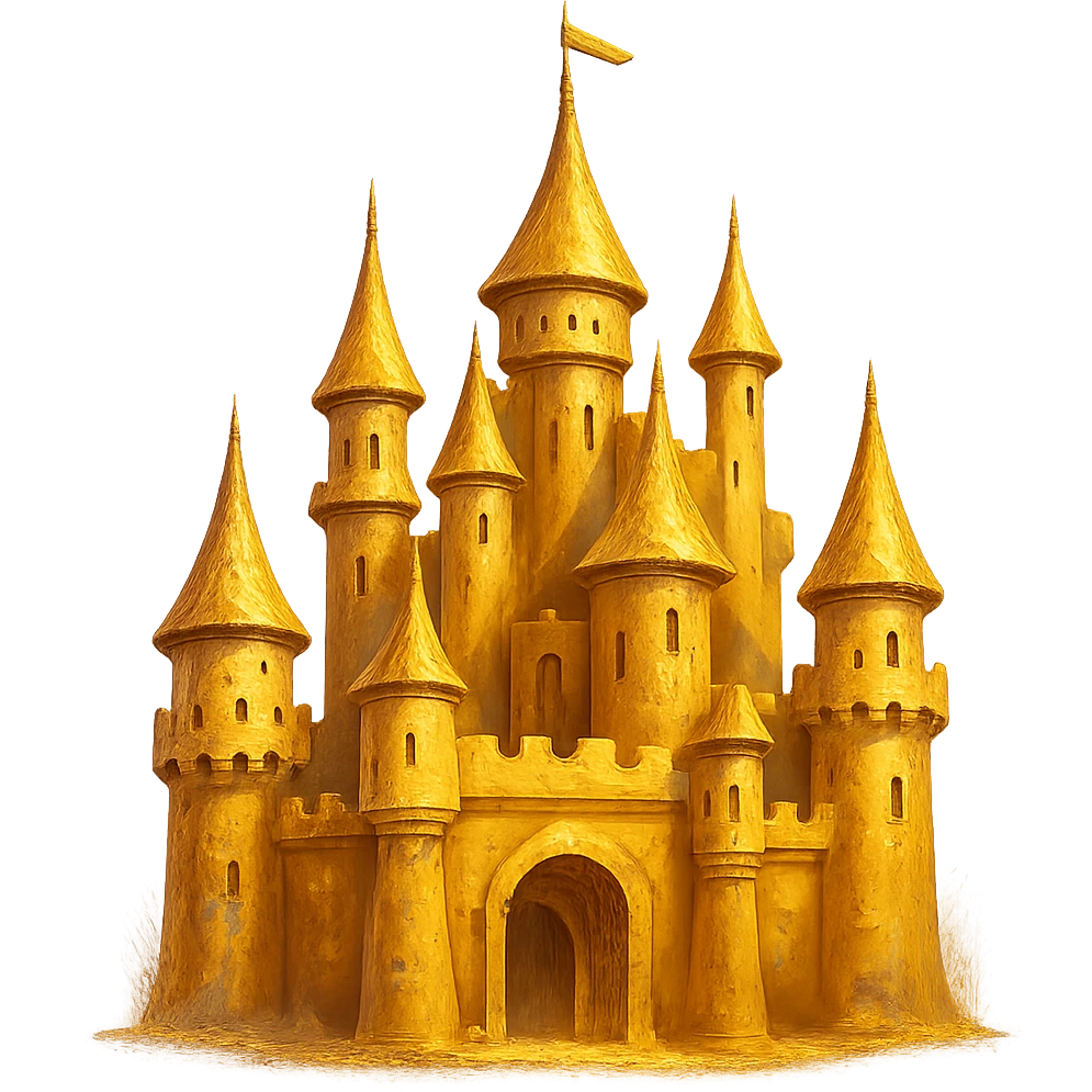В cлегка рисованной, но при этом объемной и яркой стилистике сгенерируй картинку фотореалистичного золотого замка, прозрачный фон emoji