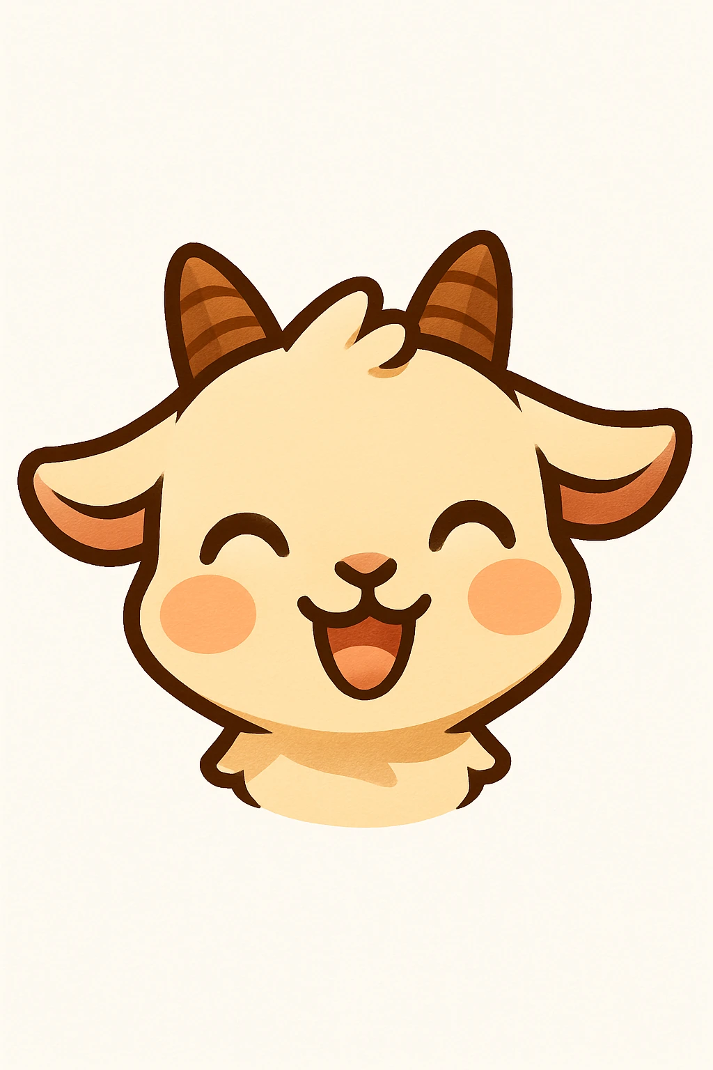 Create a chibi style goat head only with a joyful expression, looking up at the viewer, slight blush on cheeks, no flower, on a white background. Designed for a small emote with clear and cute features. emoji
