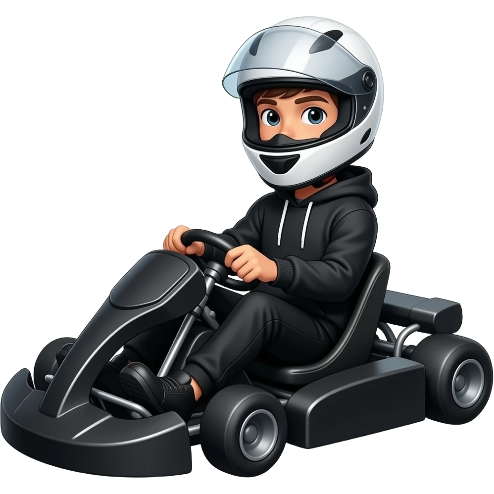 young man with black pants and a black hoodie wearing a white motorcycle helmet is sitting in a black kart emoji