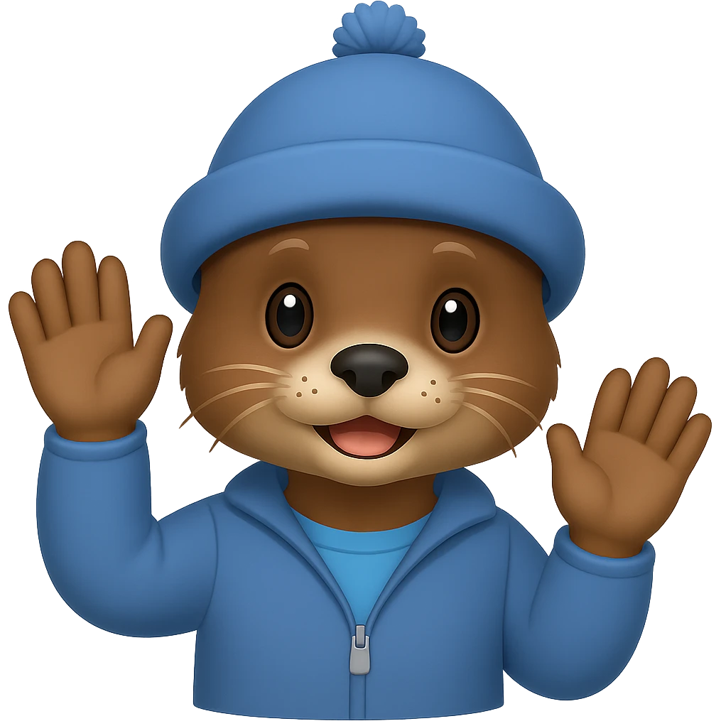 An otter with a blue hat on waving hi with one hand, emoji style emoji