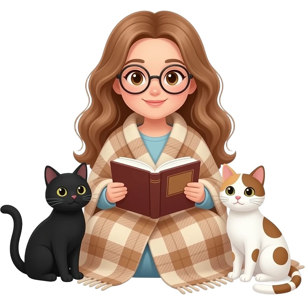 detailed emoji illustration of a curvy woman with long light brown wavy hair, light brown eyes and round glasses wrapped in a plaid blanket reading a book, with two cats beside her (one black cat and one white cat with brown spots), cozy atmosphere, cute emoji style emoji