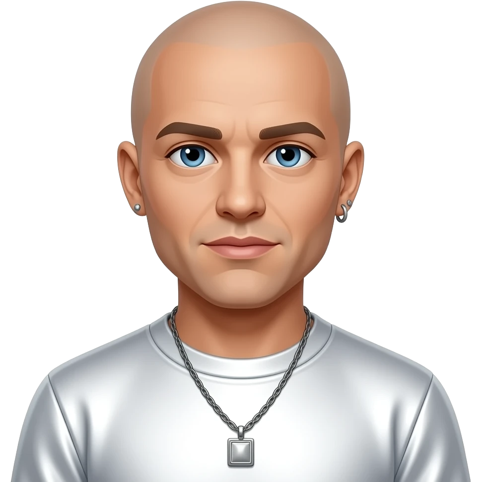 John Hendy from East 17 with blue eyes, bald, white metallic sweatshirt, necklace and earrings emoji
