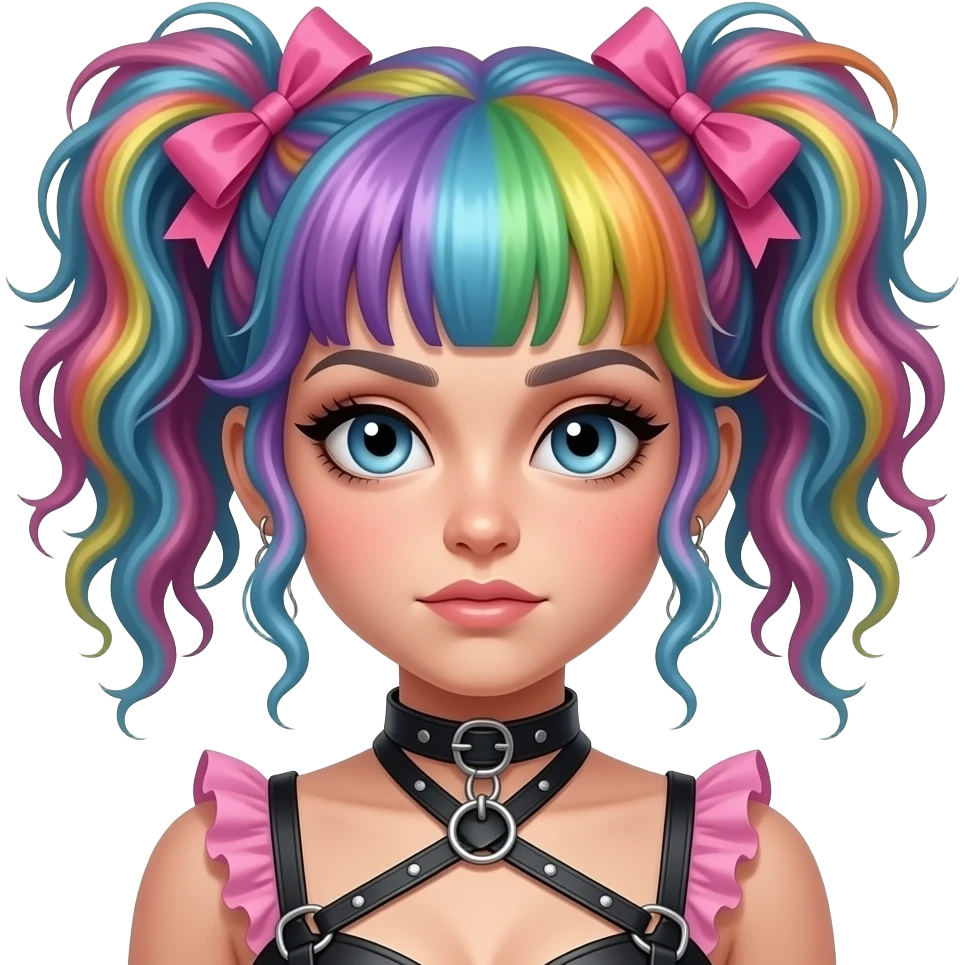 Baphomet babe freak with messy, frazzled, washed-out rainbow dyed loose space buns with frilly girly pink hair bows and bondage restraints emoji