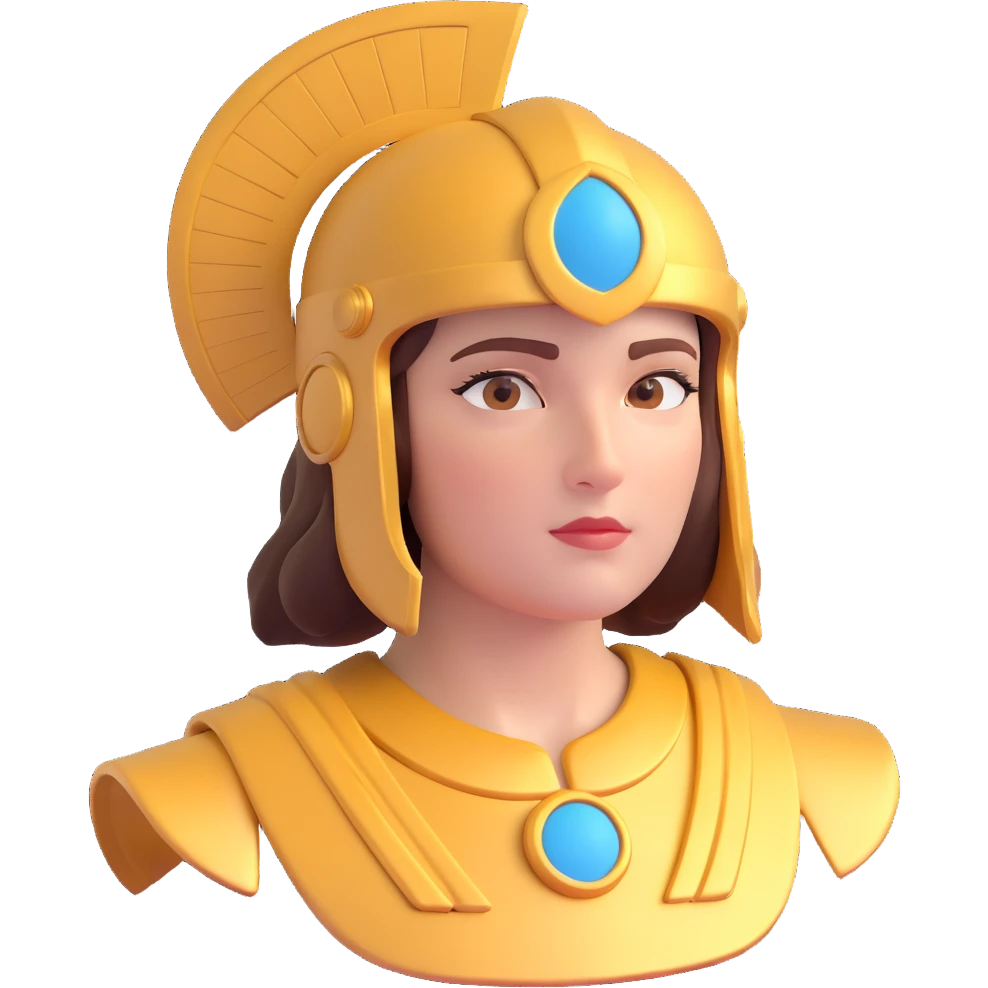 3D portrait of Athena, close-up, classical beauty, helmet, wise and strong facial features emoji