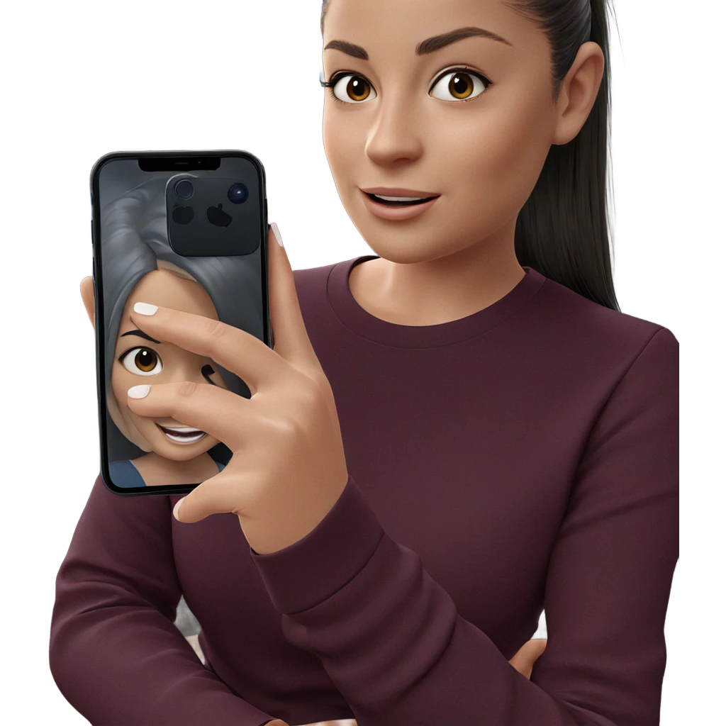 smiling girl holding phone emoji