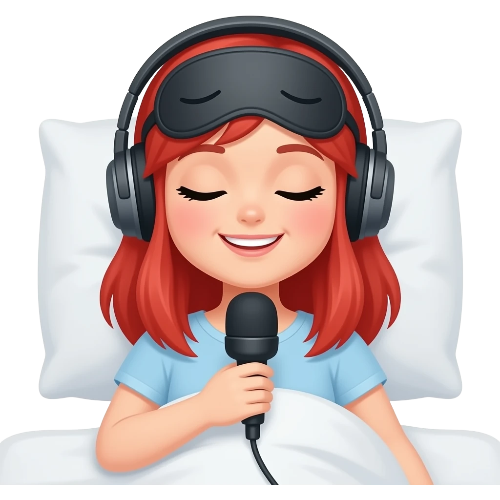 Red hair girl eye mask on head in bed listening to podcast emoji