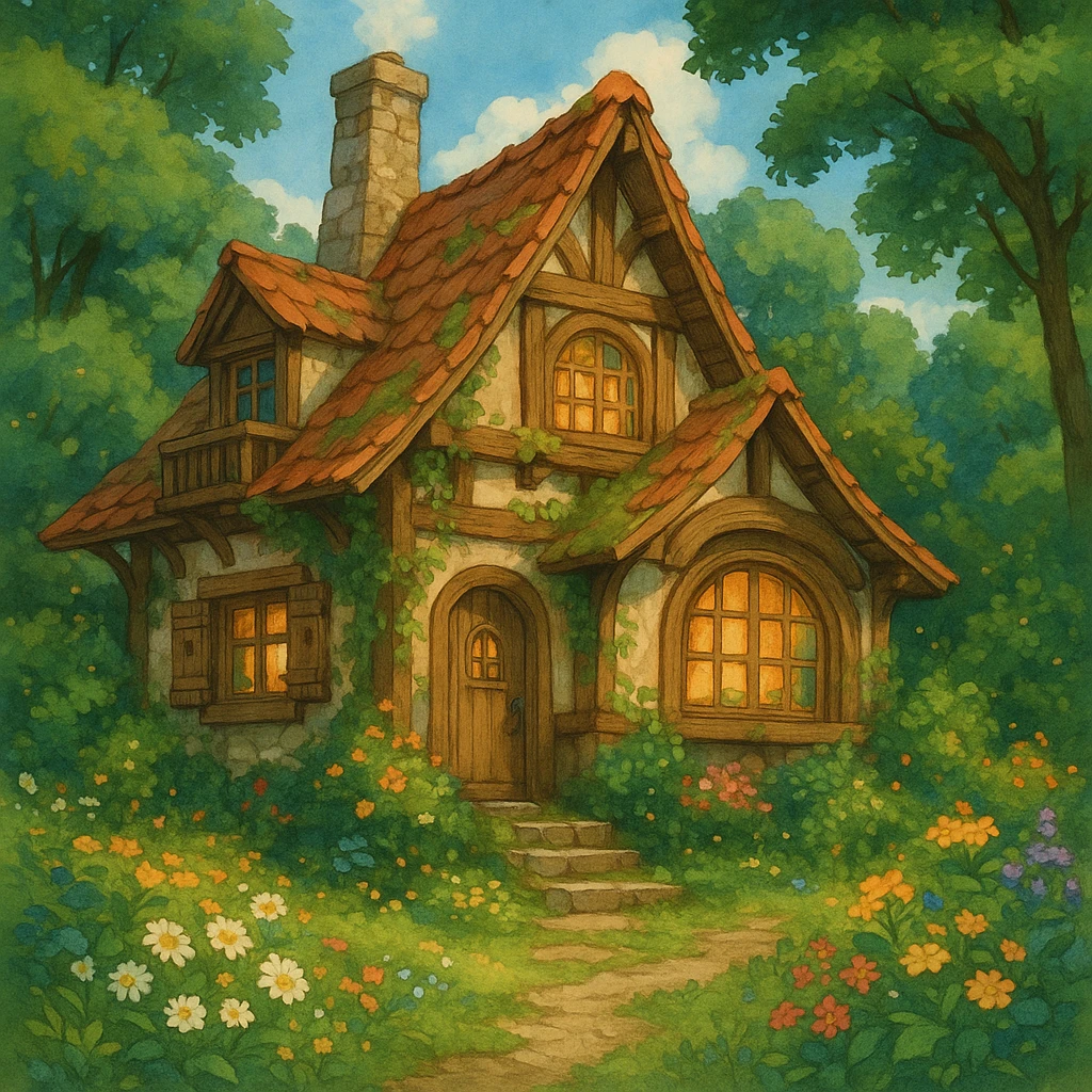 house, ghibli animation style, detailed and whimsical emoji