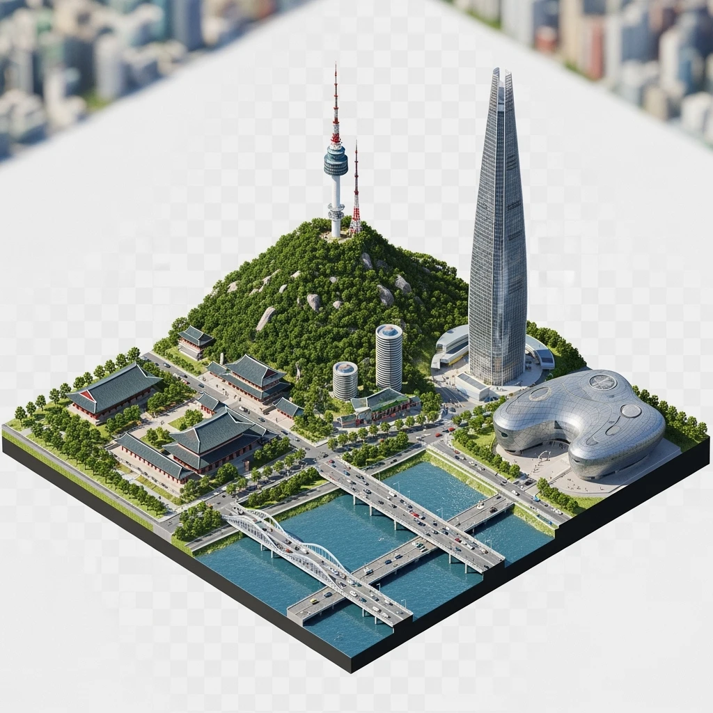 Isometric diorama of Seoul Namsan Seoul Tower, Gyeongbokgung Palace, Lotte World Tower, Dongdaemun Design Plaza, and Han River bridges, 3D miniature effect and Tilt Shift effect, no cartoonish look, transparent background. emoji