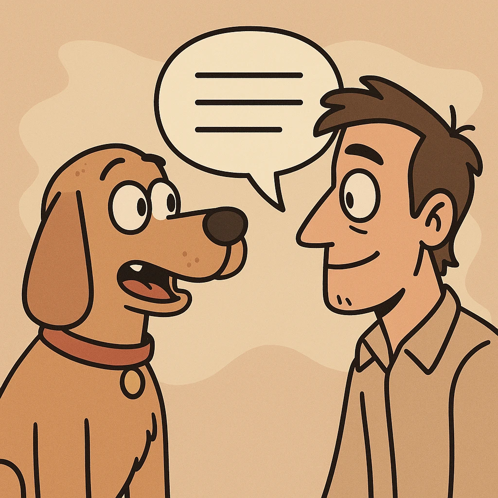 cartoon dog and human facing each other with a speech bubble between them, showing communication or translation emoji