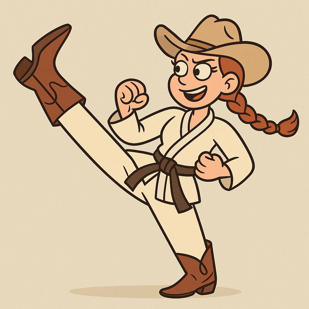 karate cowgirl, kicking pose, braided hair, western boots, martial arts belt, playful emoji