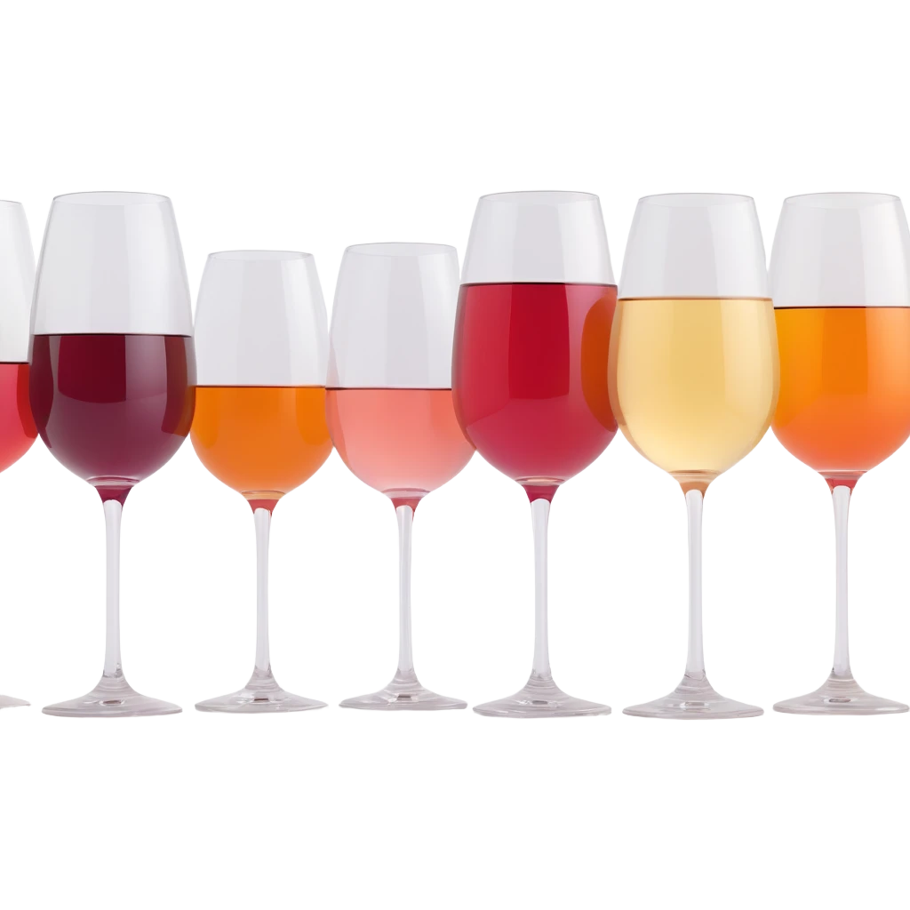 a row of 10 to 12 wine glasses in 3D emoji style, arranged in a single line, with wine colors smoothly transitioning in a natural gradient from white to yellow to orange to rosé to red to dark red, high resolution, no background emoji