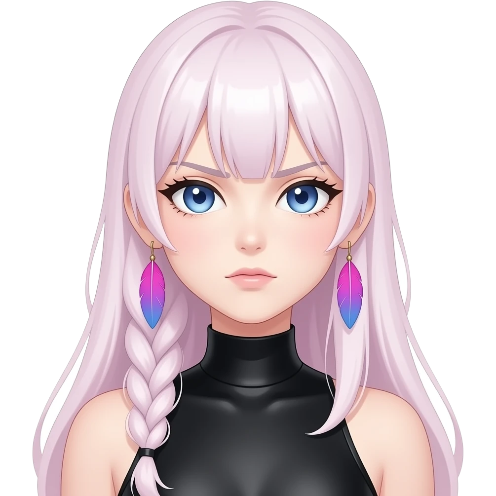 Gorgeous beautiful pretty grumpy anime lady long-pale-whitish-pastel-pink-hair with one braid on each side, hanging gradient-purple-pink feather-ear-cuffs on each side in hair, black bodysuit covering neck, blue eyes, pink iris, ethereal, fashion aesthetic emoji
