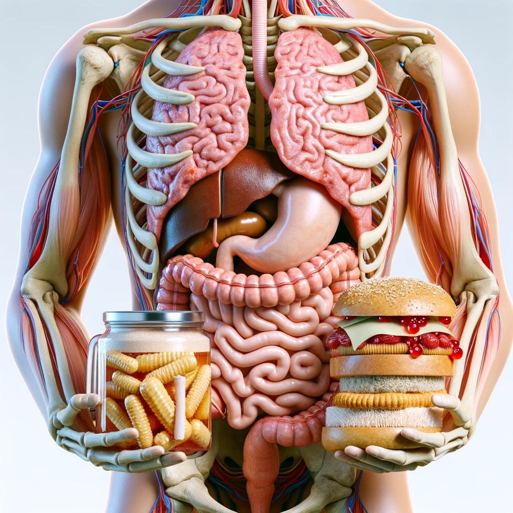 corpo umano anatomico con intestino in evidenza mentre mangia alimenti fermentati ricchi di microrganismi probiotici, iperrealistico 4k, isolato su sfondo bianco emoji