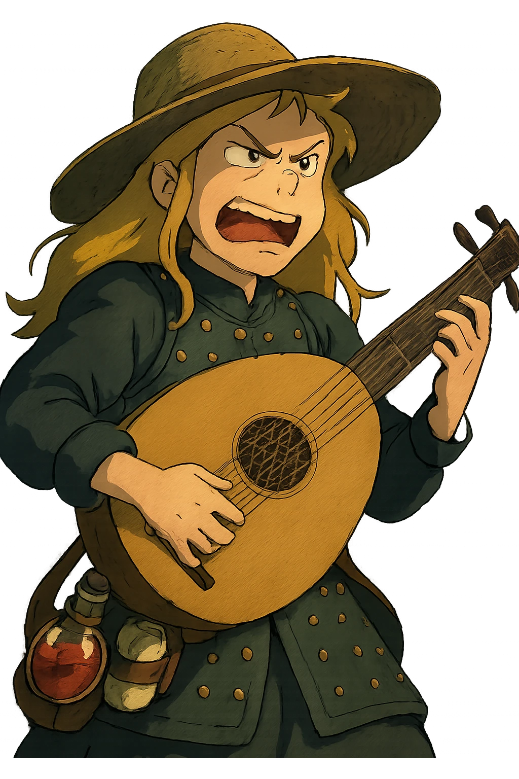 A female bard , blond hair, wearing brigandine armor with a sturdy straw hat, playing a fat medieval lute and singing, night time shadows, tool belt with red potion and bandages, mischievous grin, anger emoji