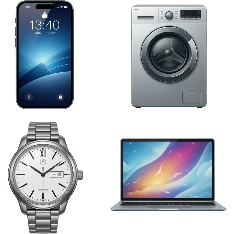 Collage of cellphone, washing machine, watch, laptop emoji