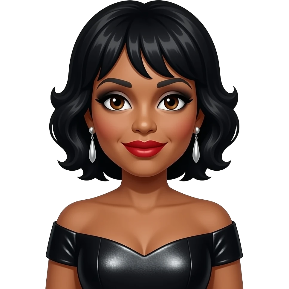 Patti LaBelle with dark brown eyes, black beehive hair, black eyeshadow, red lipstick, black metallic off shoulder dress, earrings emoji